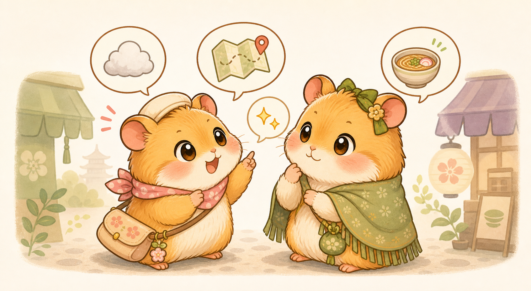 ここちゃんとてんさんの同行会話イラスト