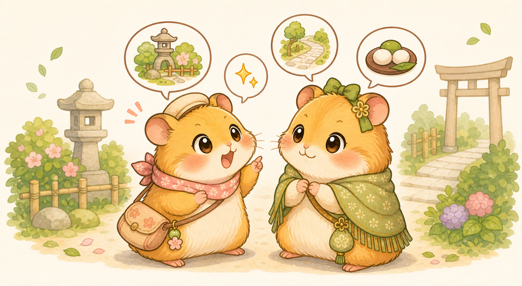 ここちゃんとてんさんの同行会話イラスト